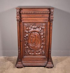French Antique Solid Oak Wood Cabinet with Highly Carved Virgin Mary Door