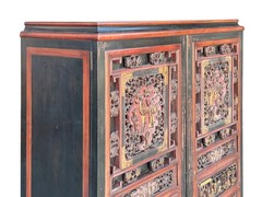 Vintage Oriental Black Red Gold Scenery Carving Storage Cabinet GB101