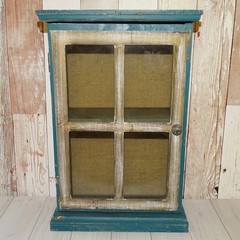Primitive American Country Display Cupboard Cabinet Blue Paint Wall or FreeStand