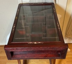 Chinese Carved Rosewood Mother of Pearl Wall Curio Display Cabinet w/Mirror Back