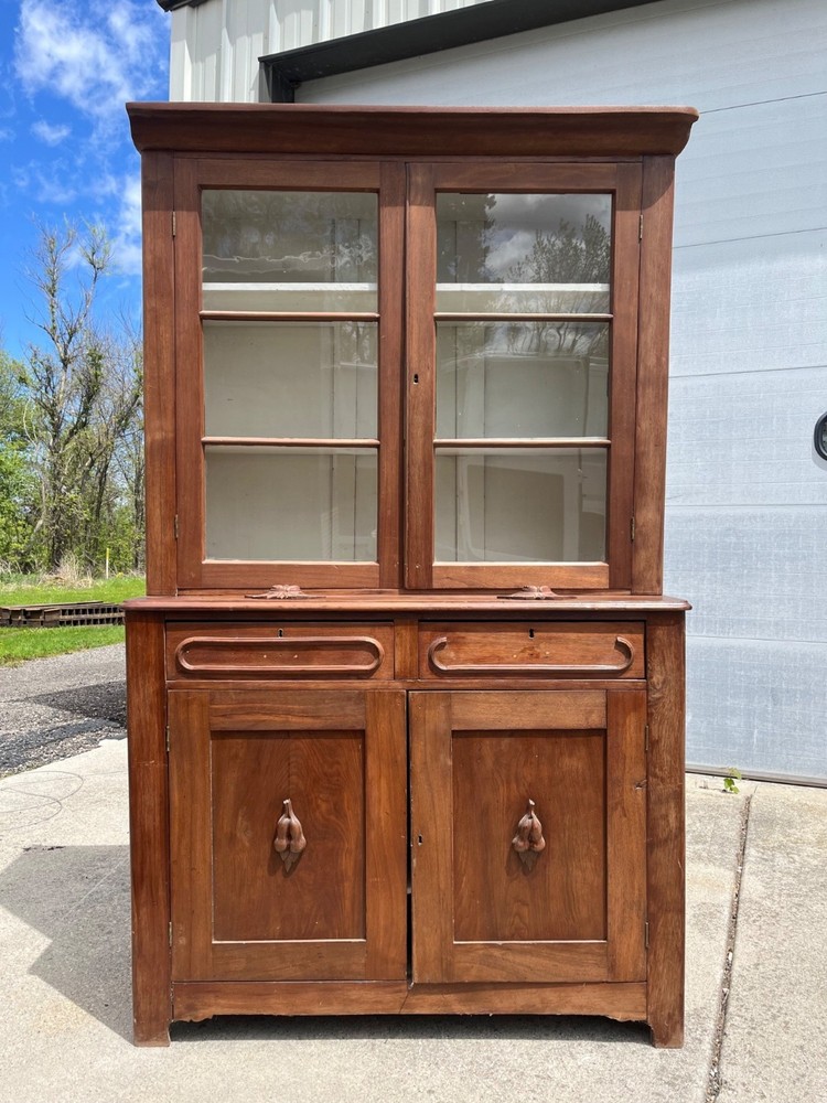 Antique Walnut 2pc Kitchen Hutch Cabinet Stepback Pantry Farmhouse Cupboard