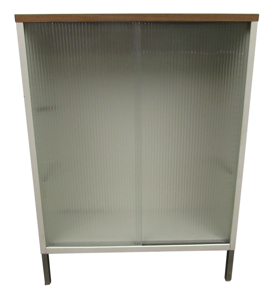 Vintage White Metal Cabinet with Sliding Reeded Glass Doors