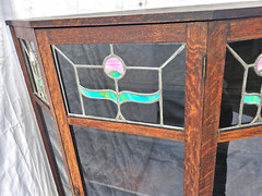 Antique Arts & Crafts / Mission Oak China Cabinet Leaded Glass Floral c1900