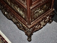 Antique Cabinet Glass Front Hand Carved Asian Motifs & Mother-of-Pearl Designs