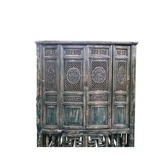 Vintage Distressed Teal Blue Oriental Carving Storage Cabinet ws4991