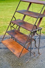 Antique Bakers Rack Cast Iron Leg Industrial Wood Shelf Clothing Rack Vintage