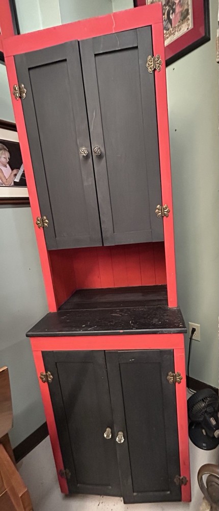 Primitive Style Kitchen/Storage Cabinet / Pantry. Red And Black. Crystal Knob