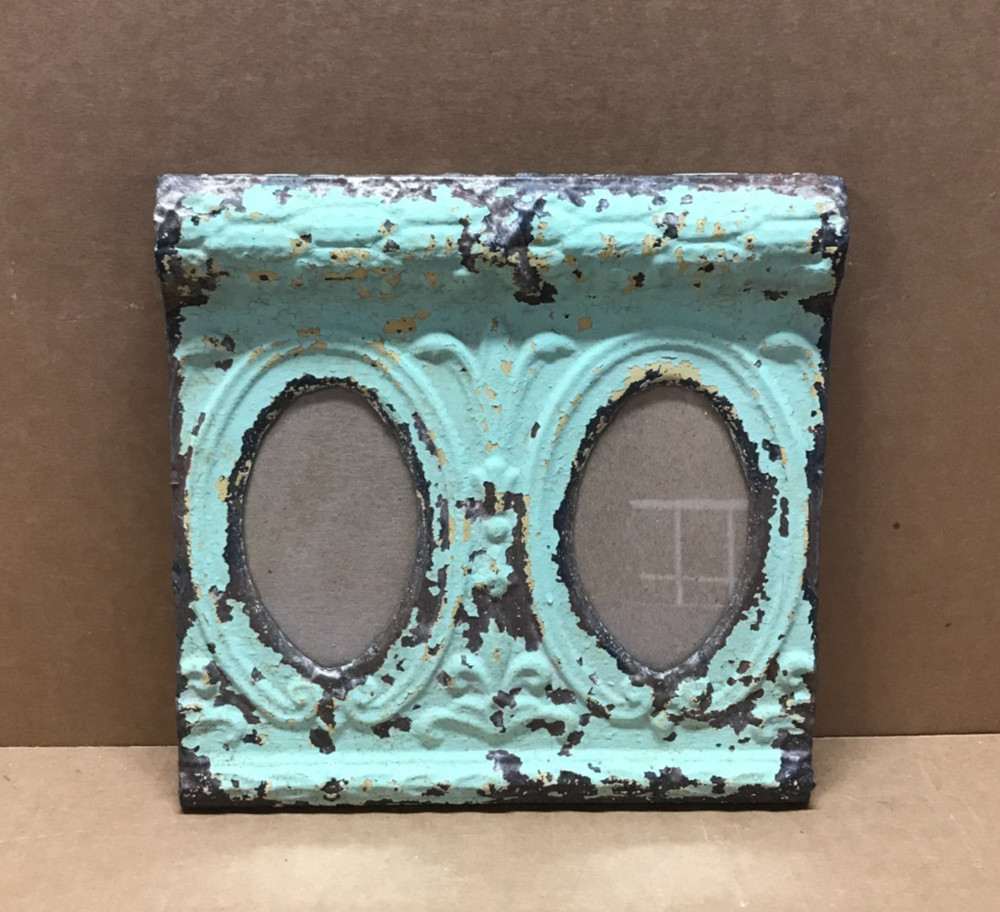 VTG Shabby Green Double 4×6 Oval Photo Ceiling Tin Picture Frame Old 662-26B