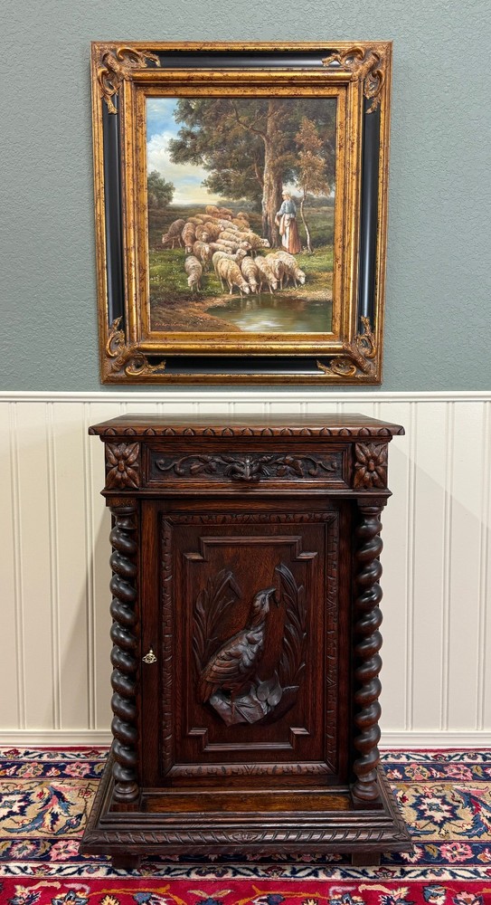 Antique French Jam Cabinet Cupboard Pedestal Barley Twist Drawer Oak Pheasant