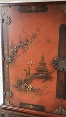 Cabinet on Stand, Chinoiserie, Japanned, Console Base China, Asian, Walnut,66″t