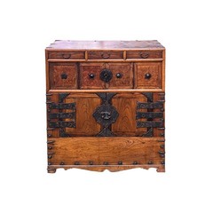 Asian Pattern Brown Black Hardware Drawers Accent Storage Cabinet GB319