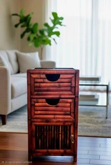 Antique Brown Wood & Bamboo Storage Cabinet w/ 2 Drawers Slatted Hinged Door
