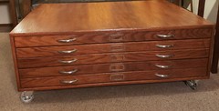 ~ Vintage MCM Oak Flat File Cabinet Industrial 4 Drawers Coffee Table w Wheels ~