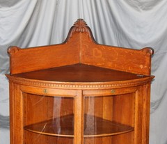 Antique Corner Oak China Cabinet – Sliding Curved Glass Doors
