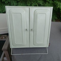 Vtg Metal Storage Cabinet Art Deco Chippy Green freestanding Or WALL Mount 13″
