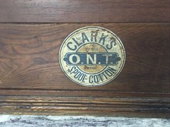 Antique “CLARK’S ONT” Oak Spool Cabinet, 4 Drawers, Slant top desk.  EXC COND