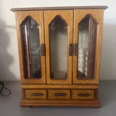 Vintage Large Wood And Glass Door Jewelry Cabinet