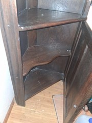 Antique Wood Corner Cabinet Dark Brown 3 Shelves Hinged Door Stained Finish