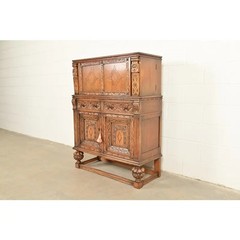 Antique English Jacobean Carved Oak Bar Cabinet, Circa 1920s