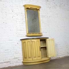 Vintage Neoclassic Revival Blonde Oak Demilune Cabinet or Console and Mirror