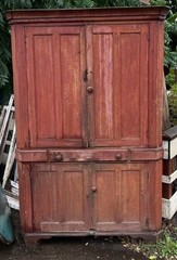 Antique Two-Piece Painted Cupboard Hutch Cabinet Red Exterior Turquoise Interior