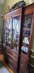 china cabinet Rway, brown, 74 inches tall, width 44 1/2 inches, depth is 16 in.