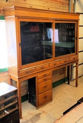 19th c. Old Store Sliding Glass Display Cabinet w/ Drawers, Open Base