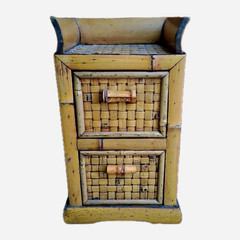 Mid Century Modern Bamboo Rattan Wicker Tabletop Cabinet 2 Drawers Tiki, Vintage