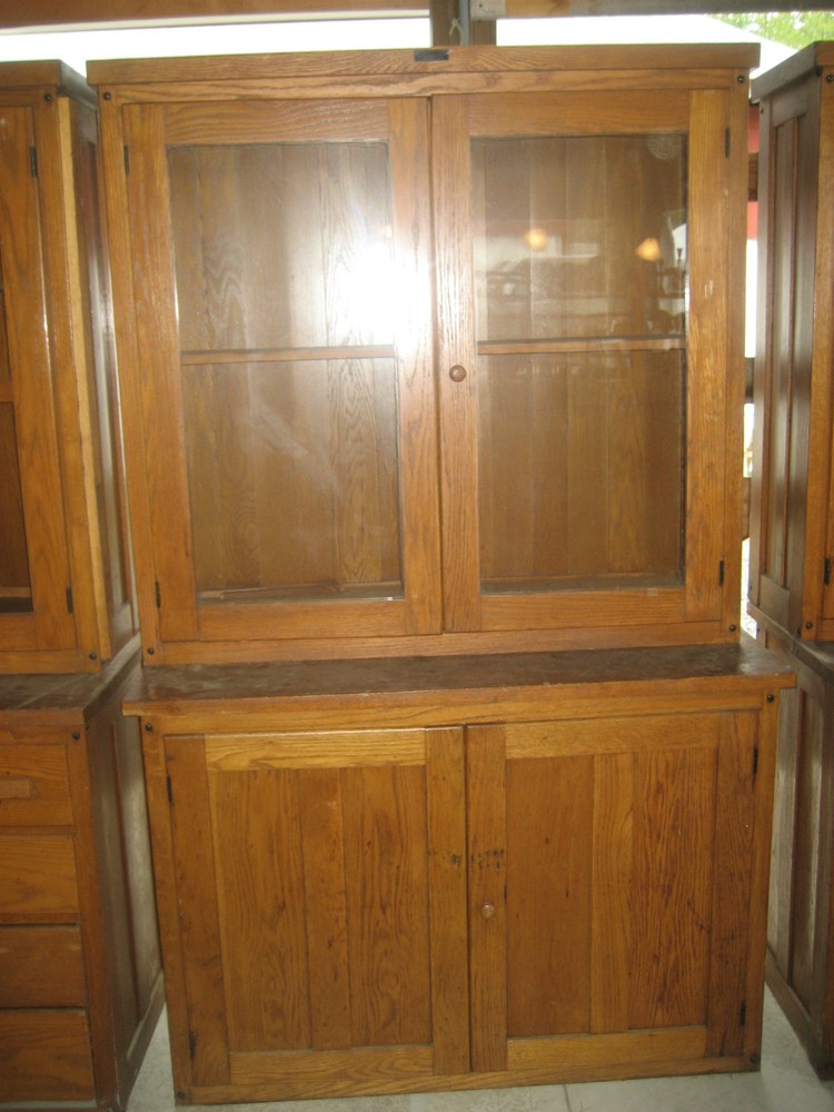 circa 1910-20 antique OAK stepback CUPBOARD school SCIENCE lab CABINET 48″w x 78