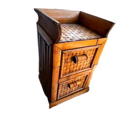 Mid Century Modern Bamboo Rattan Wicker Tabletop Cabinet 2 Drawers Tiki, Vintage