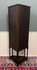 Antique English Jacobean Corner Cabinet Barley Twist Legs Glass Door Oak 1920s