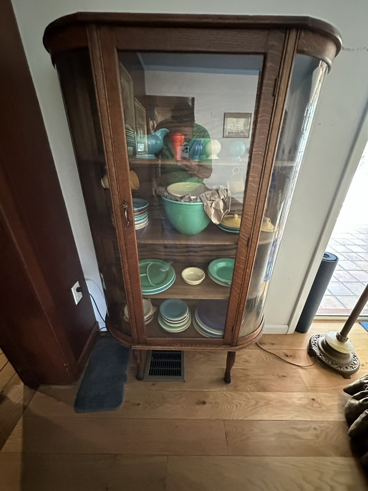 Antique Tiger Oak China Cabinet-Curved Glass Bow w/ Orig. Shipping Label