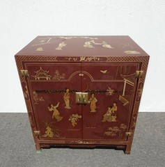 Vintage Chinese Asian Burgundy Lacquer Floral Chinoiserie Cabinet ~ Side Table