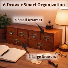 Vintage 6 Drawer Wooden Apothecary Card Catalog Desk Organizer Cabinet