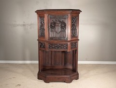 Antique French Gothic Revival Cupboard Cabinet on Stand in Wood Oak