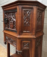 Antique French Gothic Carved Oak Cabinet Heraldic Crest Iron Hardware