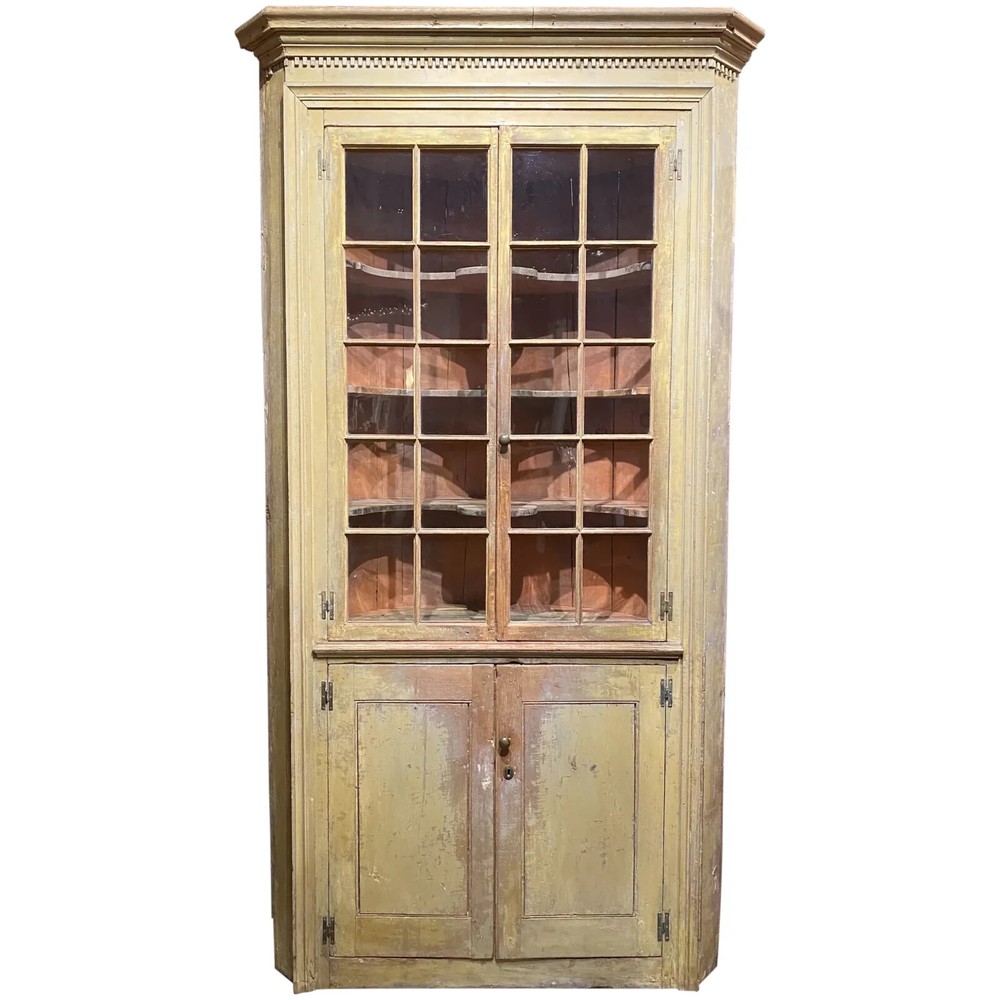 Federal New England Corner Cupboard in Yellow Paint, Glazed Doors & Barrel Back