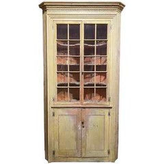 Federal New England Corner Cupboard in Yellow Paint, Glazed Doors & Barrel Back