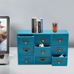 Desk Drawer Organizer Wooden Rustic Cabinet with 9 Drawers Blue