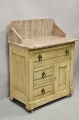 Antique Eastlake Victorian Pink Marble Backsplash Washstand Nightstand Cabinet