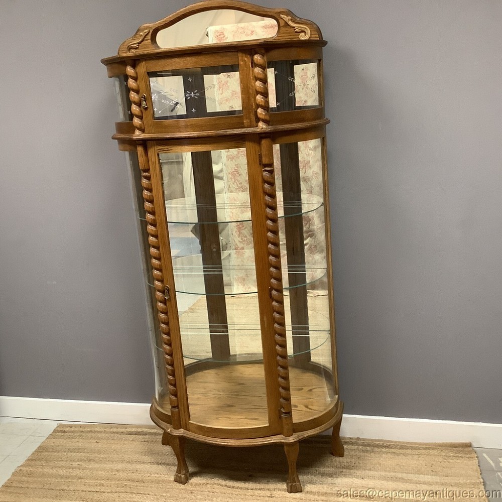 Oak China Cabinet w Additional Top Storage Glass Front Rope Turned Trim Mirrored