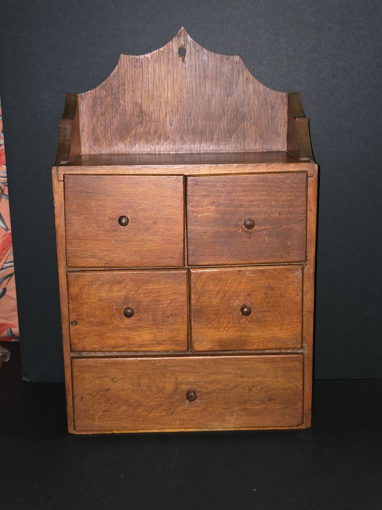 Prim Rustic Wooden 5 Drawer Hanging Spice Cabinet Box Apothecary Cupboard
