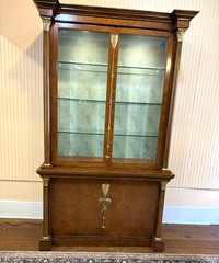 Italian Burled Walnut Display Cabinet | Glass Door & 3 glass Shelves & Light