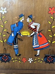 Antique Folk Art Hand Painted Wooden Wall Cabinet w Door, Shelves 12”Tx7.75”Wx2”
