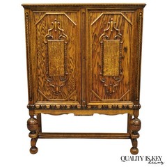Antique Jacobean Renaissance Tudor Oak Blind China Cabinet Bookcase Cupboard
