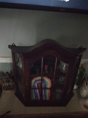 Antique Wood Wall Mountable 3 shelf Curio Cabinet With Glass Windows