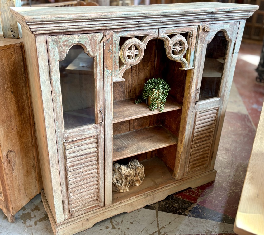 Charming, Rustic 2-Door Cabinet with Shelving, 52″ Wide, Distressed Whitewash