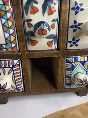 Mini Painted Cabinet Organizer – Wood And Ceramic Colorful – Missing Drawer – E