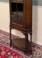 Antique English Jacobean Corner Cabinet Barley Twist Legs Glass Door Oak 1920s