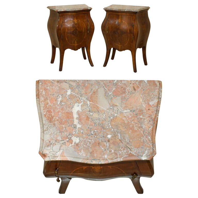 FINE PAIR OF ANTIQUE 1880 ITALIAN MARBLE TOP BOMBE NIGHTSTAND SIDE TABLE CHEST